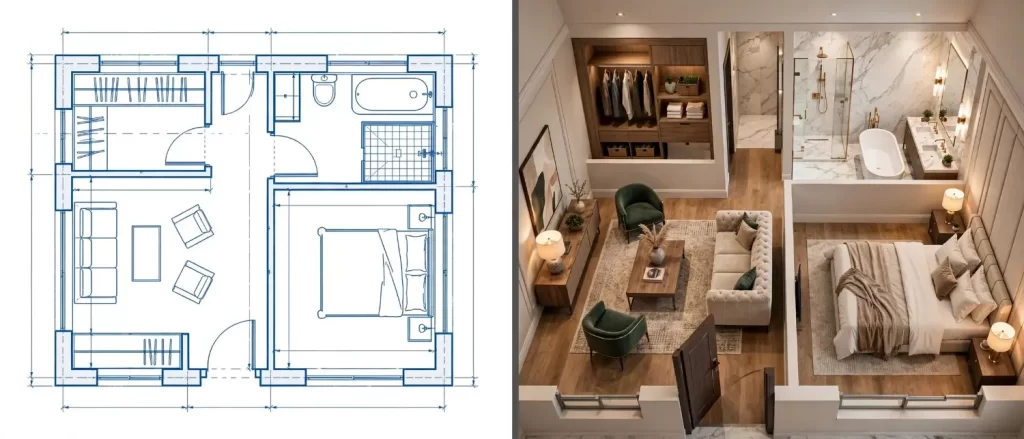 comparison-2d-blueprint-vs-3d-floor-plan-rendering